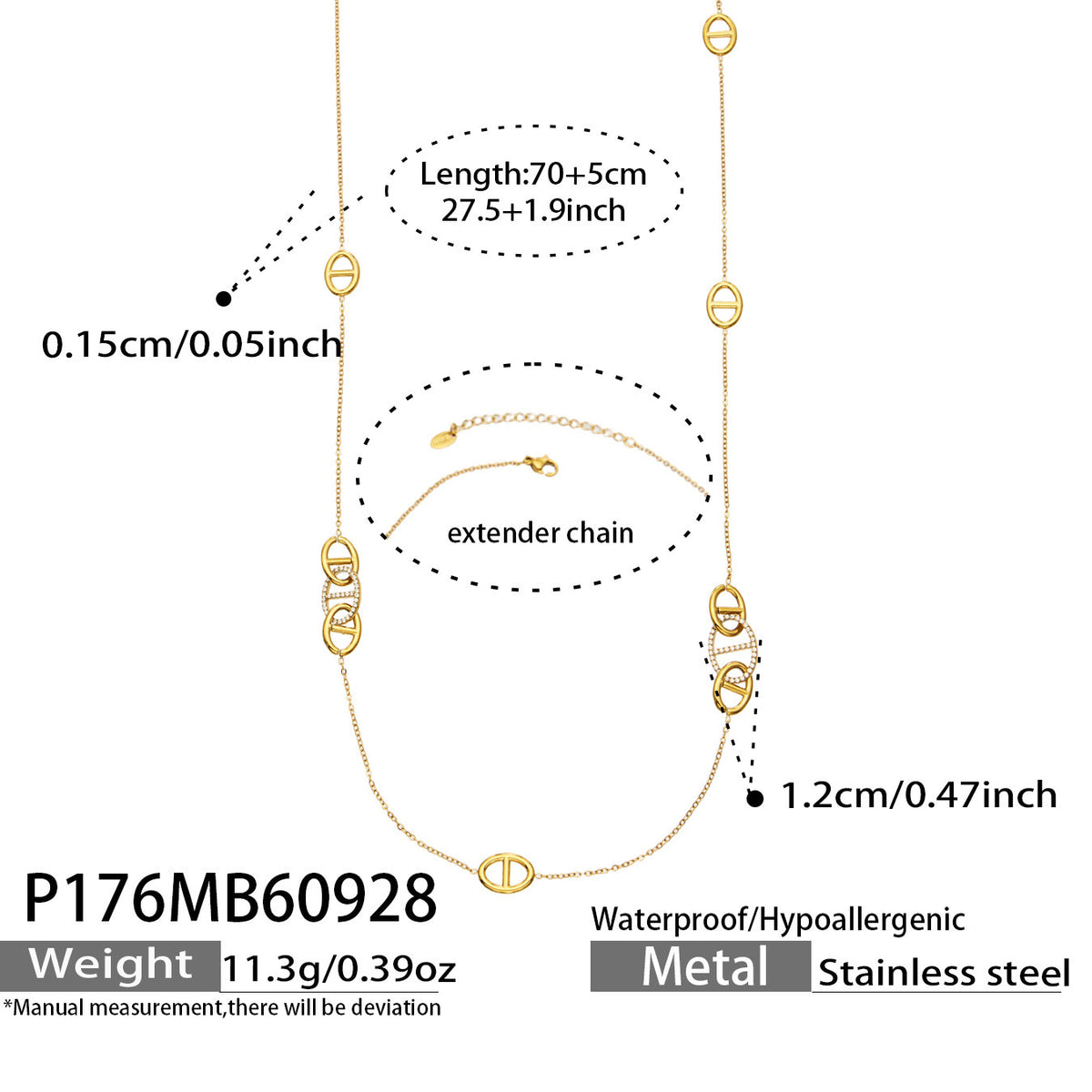 B廠【P066】 不鏽鋼鍍18K金豬鼻細鍊鑲鋯真空電鍍項鍊鎖骨鍊
26.10-1