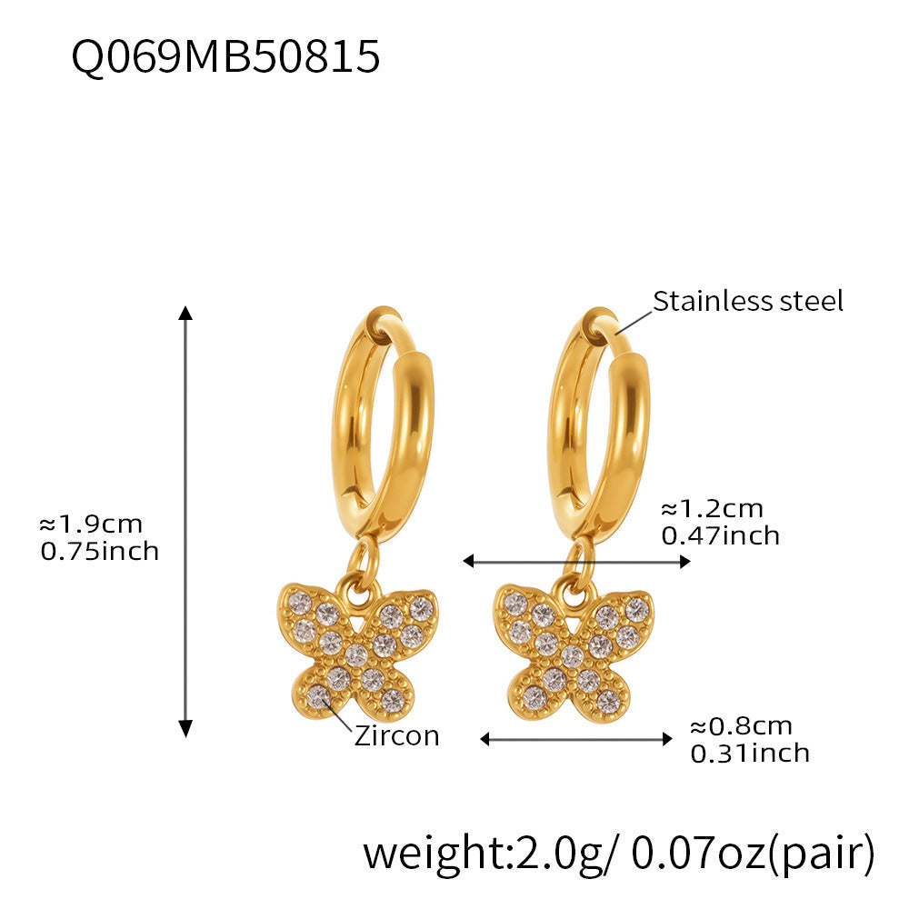 B廠【Q062】歐美飾品不銹鋼蝴蝶吊墜帶鑽耳環鍍18k真金跨境熱銷耳飾女 25.08-5