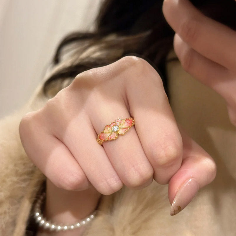 F廠【DQ8417R】S925純銀復古中式逃之夭夭戒指女溫柔氣質漸變桃花甜美食指戒 25.03-3