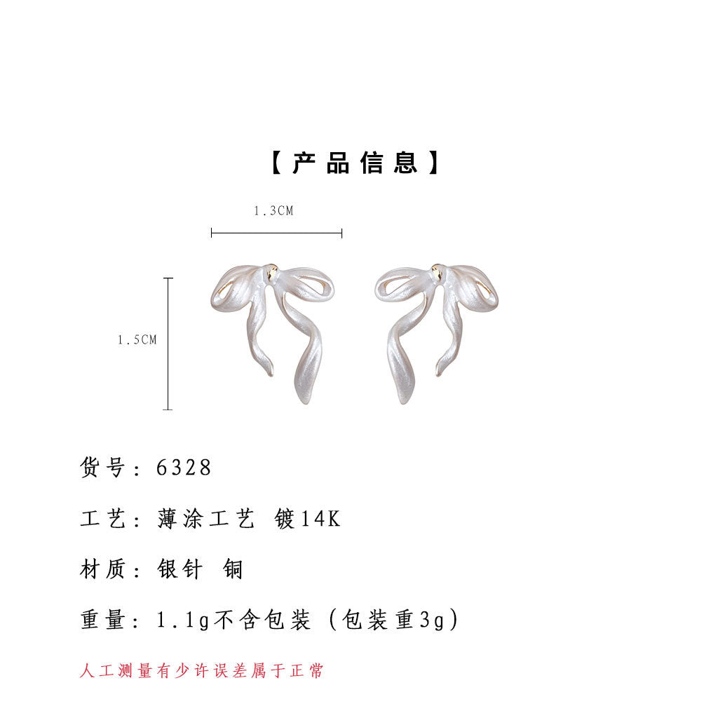 C廠【6328】清新甜美蝴蝶結925銀針薄塗工藝白色簡約通勤百搭耳環耳環女 25.06-4