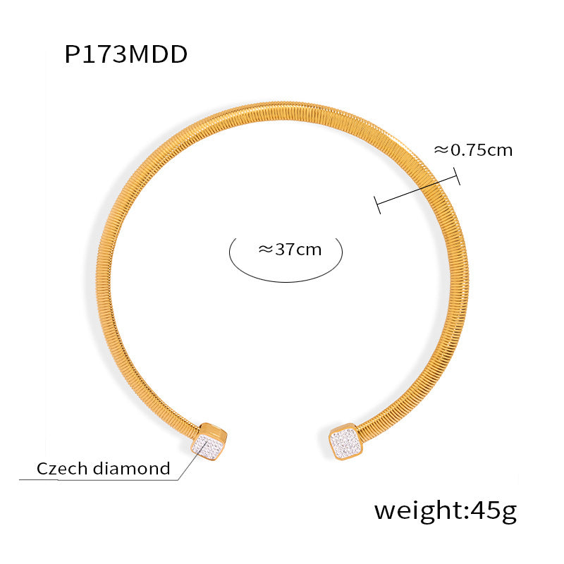 B廠【P173】歐美風雙頭鑲鑽C形開口項圈時尚設計感刀片形頸圈鈦鋼鍍18k金項圈 24.01-3