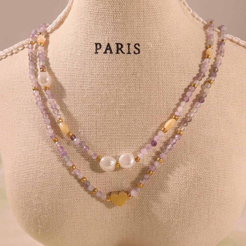 B廠【P1336】歐美不鏽鋼愛心吊飾切面天然石串貝珠項鍊ins輕奢個性項鍊飾 25.05-2