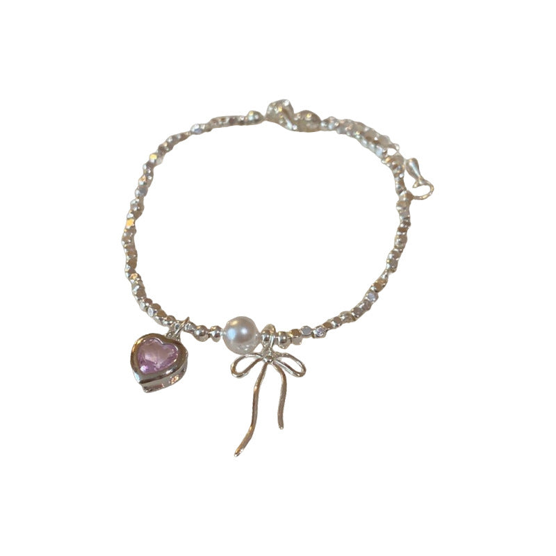 A廠【HB2340-HN6130】鋯石愛心蝴蝶結碎銀珍珠項鍊套裝高級感輕奢風鎖骨鏈韓國甜美項鍊 24.05-3