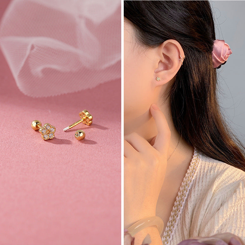 E廠【YC10015E】S999足銀童真愛心花朵米奇螺絲耳環女睡覺不用摘可愛蝴蝶耳環 24.05-5