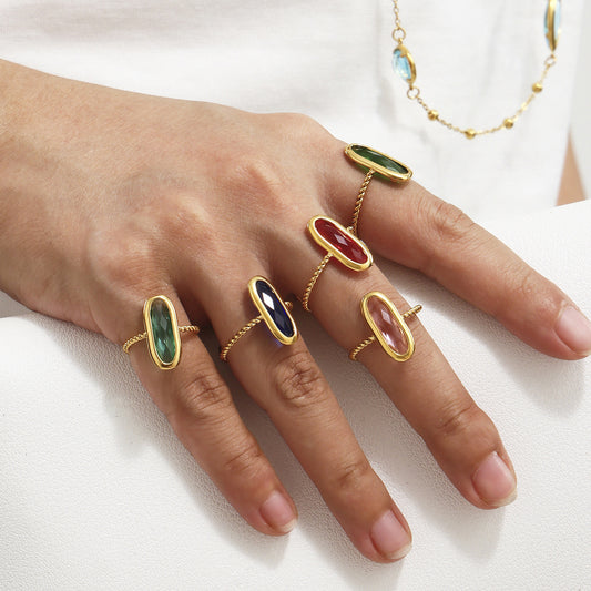 B廠【TXA277】ins小眾設計橢圓型捷克玻璃開口戒指不銹鋼麻花戒指18k鍍金 25.06-3