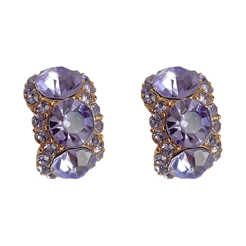 C廠【3819】鑲鑽很閃很亮 個性ins網紅簡約通勤百搭紫色幾何半彎耳環新款耳飾 24.04-2