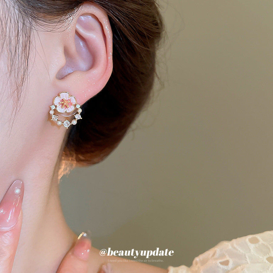 A廠 【HE26547】925銀針鋯石滴油珍珠圓花耳環法式清新甜美耳環輕奢高級感耳飾女 25.05-4