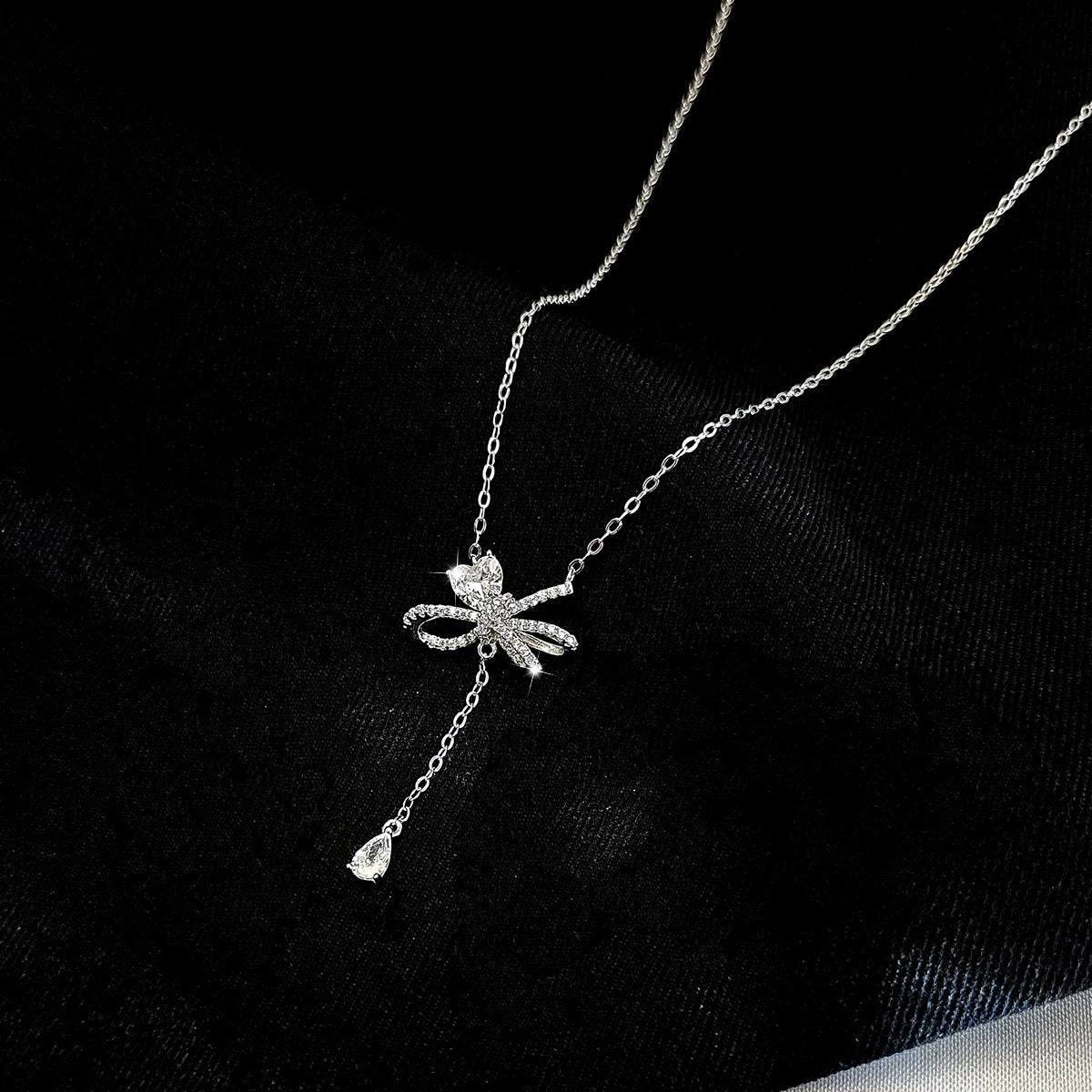 F廠【DQ2093N】S925純銀輕奢小眾蝴蝶結項鍊女愛心閃鋯優雅個性流蘇鎖骨鏈 25.03-2