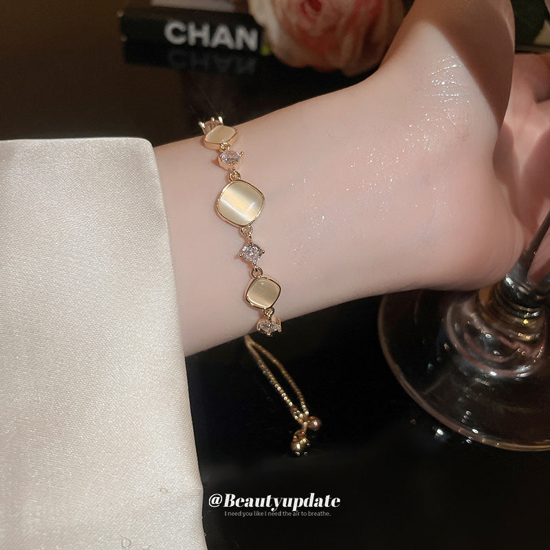 A廠【HB3144】全新品鑲鑽方形貓眼石拼接手鍊精緻時尚手環法式輕奢小眾氣質手飾女 24.09-4