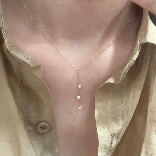 F廠【DQ1704N】S925純銀超閃三顆鑽流蘇項鍊女法式簡約人魚之淚疊戴鎖骨鏈潮 25.03-3