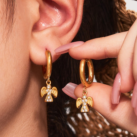 B廠【Q125】歐美飾品不鏽鋼扇形蝴蝶鑲鑽鋯石素圈耳環鍍18k真金不掉色 25.08-5