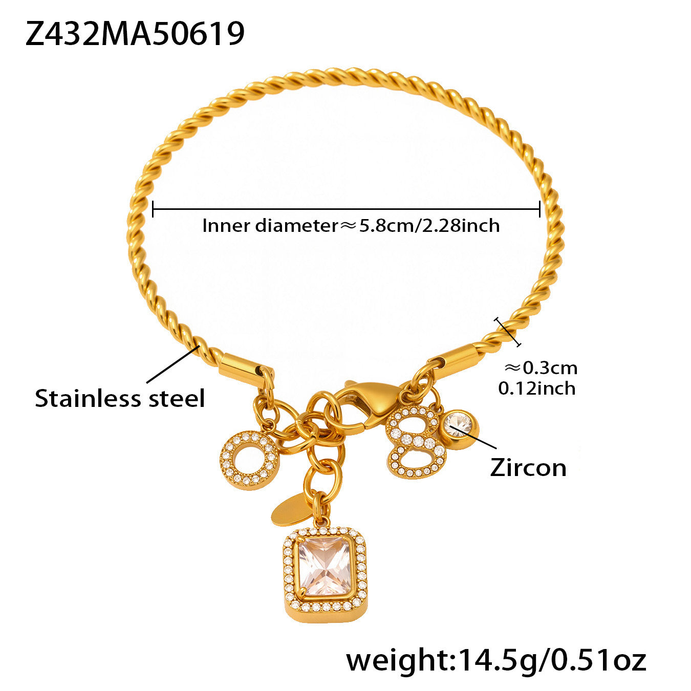 B廠【Z432】麻花線開口手鐲8字鋯石帶鑽DIY多配件手鐲不鏽鋼材質不掉色 25.06-4