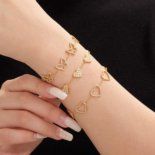 B廠【E491】歐美新款飾品不鏽鋼幾何蝴蝶造型鑲嵌鋯石手鍊鍍18k金飾品 25.08-3