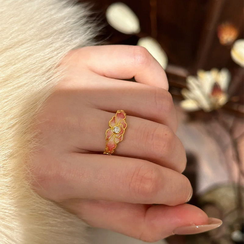 F廠【DQ8417R】S925純銀復古中式逃之夭夭戒指女溫柔氣質漸變桃花甜美食指戒 25.03-3