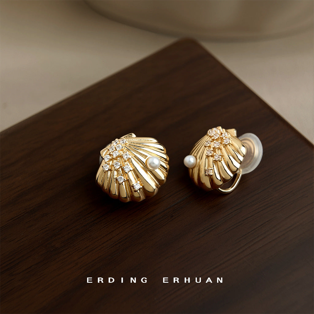 C廠【6089】海洋繁星~925銀針鍍14K微鑲鋯石貝殼耳環時尚高級感耳飾飾品 25.05-4