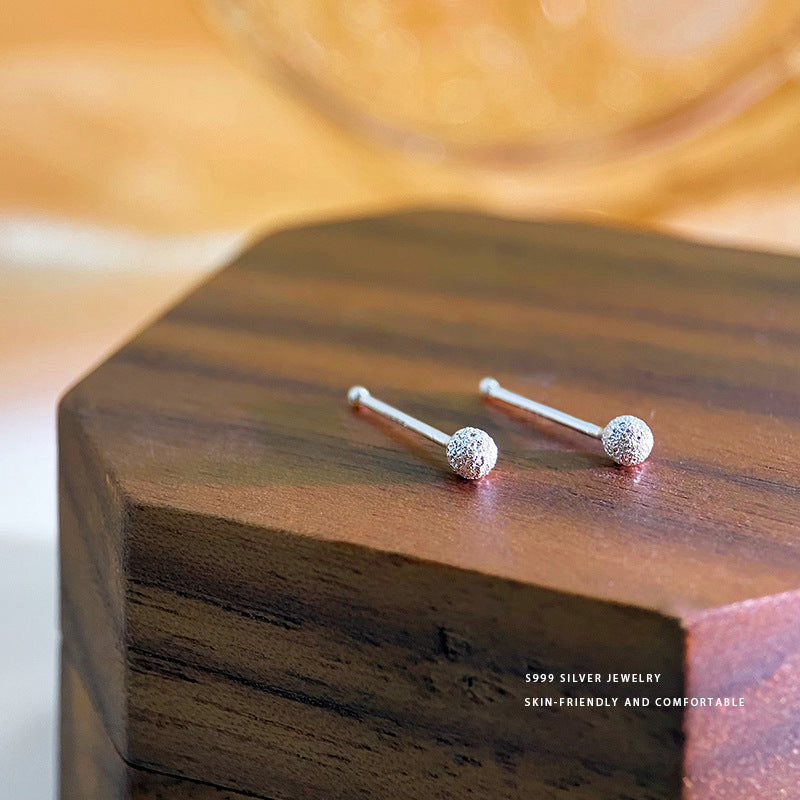 E廠【YC9886E】S999足銀簡約光面磨砂圓珠耳環女小巧精美養耳洞防掉耳飾 24.04-2