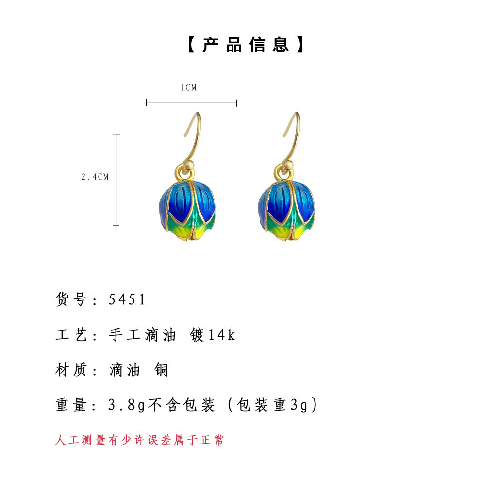 C廠【5451】民族風景泰藍滴釉蓮花耳環新中式個性藍色花朵手工復古高級感耳飾 25.04-4