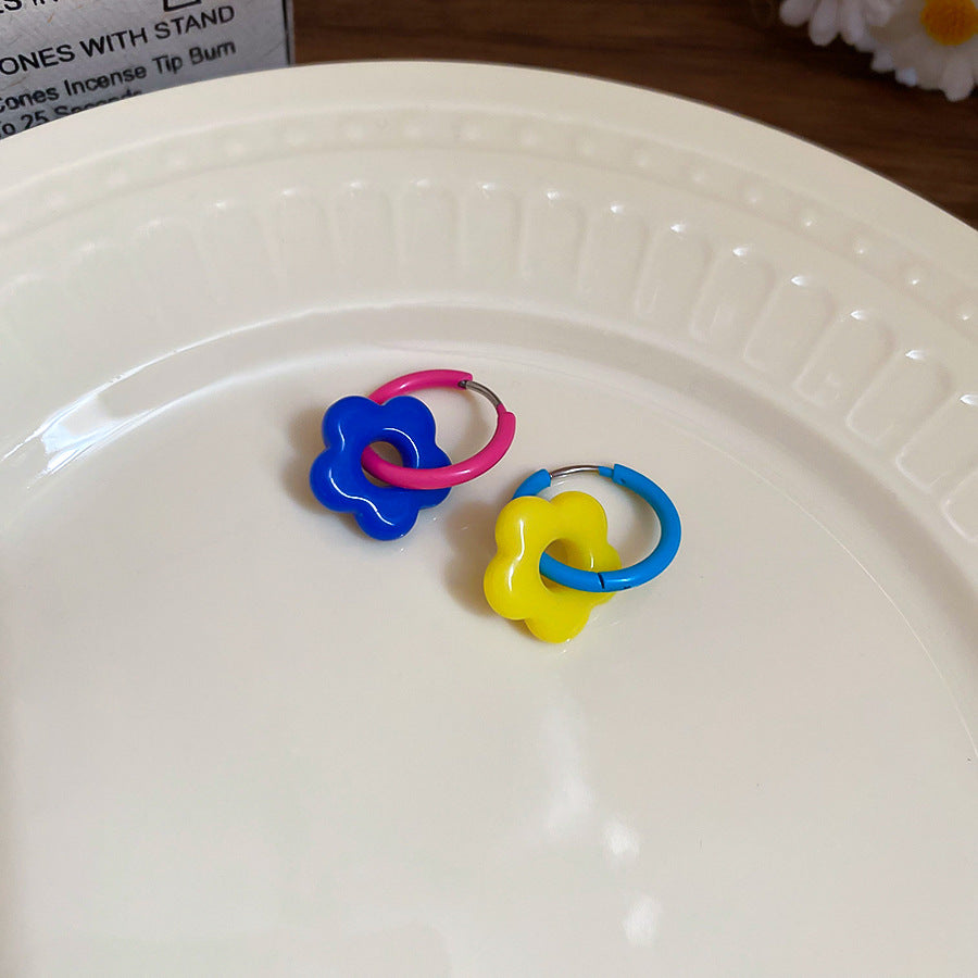 A廠【HE26468】多巴胺撞色琉璃花朵耳圈春夏清新甜美耳環時尚百搭耳飾設計感小眾 25.05-3