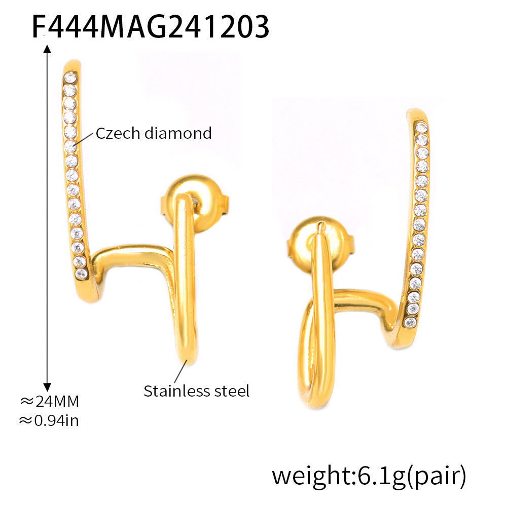 B廠【F444】輕奢線條手工鑲鋯石耳骨夾飾品耳扣秋冬百搭不銹鋼首飾 25.01-1