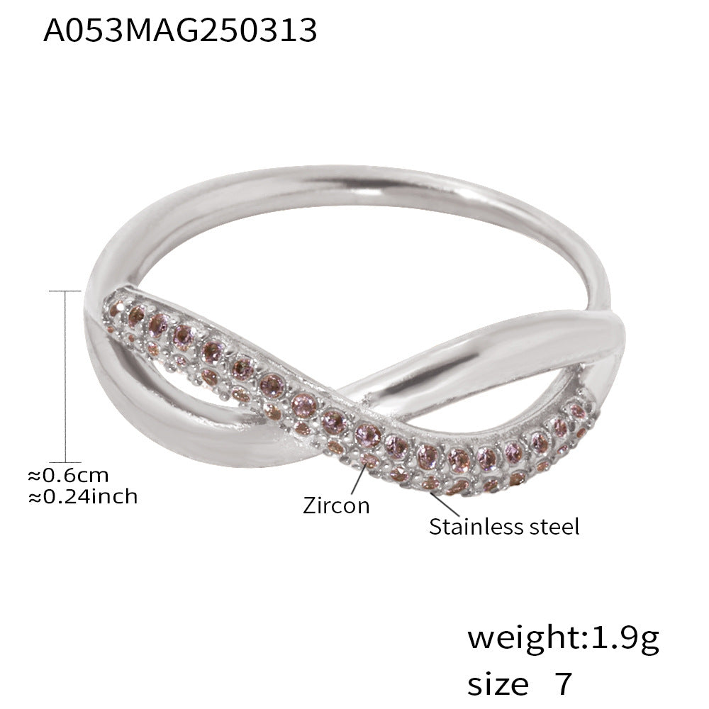 B廠【A053】新款彩色鋯石交叉細麻花食指戒不鏽鋼18K真金小眾通勤指環 25.03-3