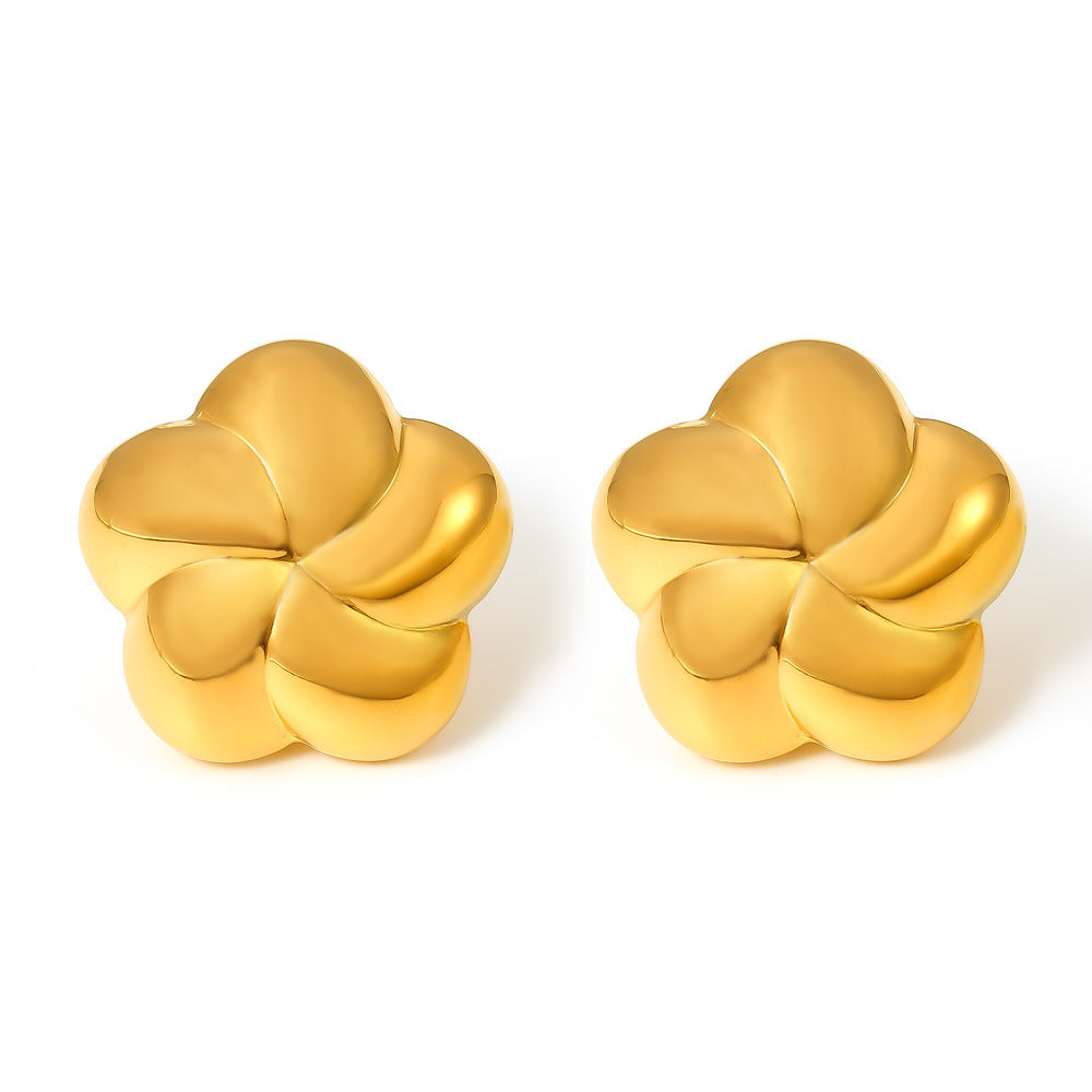 B廠【F1589】歐美五瓣花耳飾鈦鋼18K Gold Plated PVD立體旋轉空心花朵耳環女 24.08-4