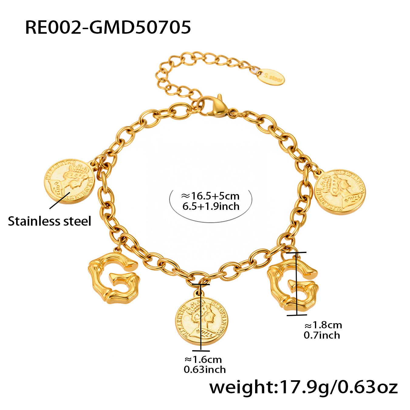 B廠【RE002】歐美飾品不鏽鋼26個字母伊莉莎白女王圖像手鍊鍍18k金色保色 25.07-3
