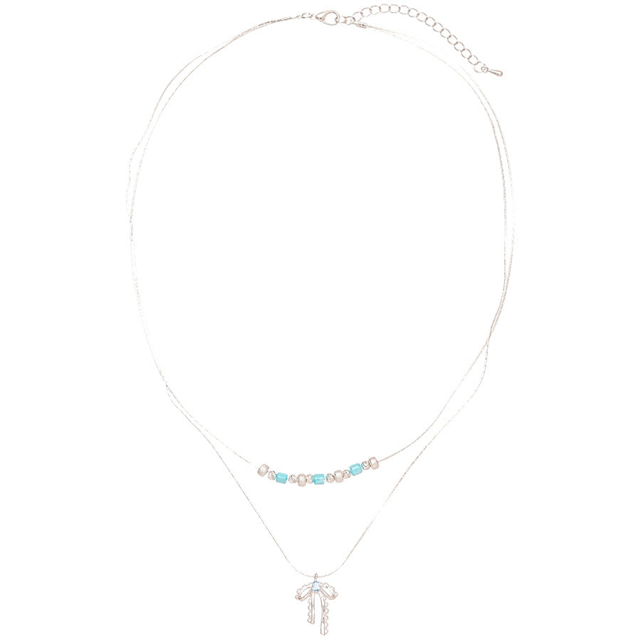 A廠【HN9212】松石鋯石蝴蝶結吊墜雙層項鍊時尚冷淡風鎖骨鏈輕奢高級感頸鍊 25.06-4