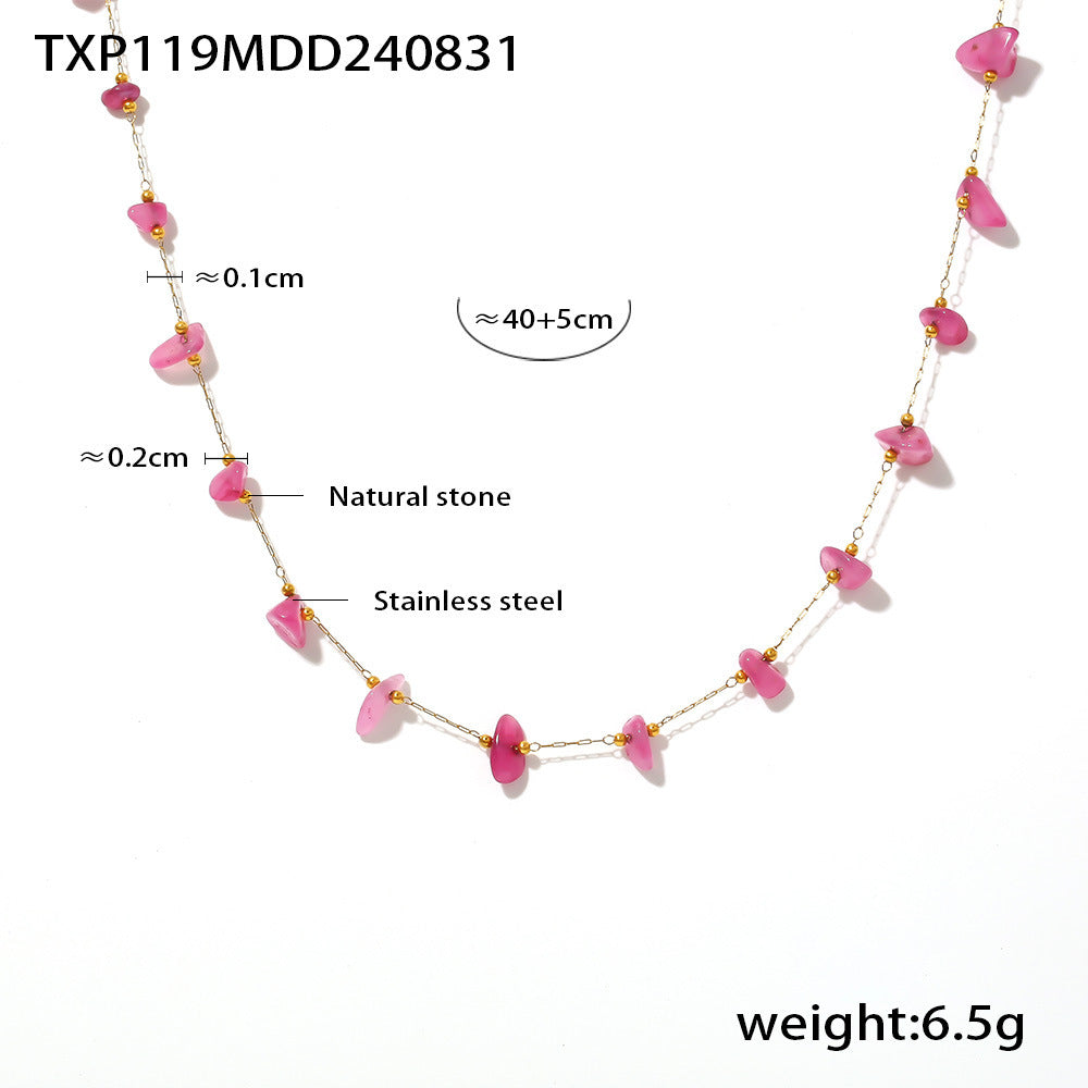 B廠【P119】波西米亞風粉色天然石輕奢感手工鎖骨項鍊手鍊不銹鋼女式精緻套裝 24.09-2