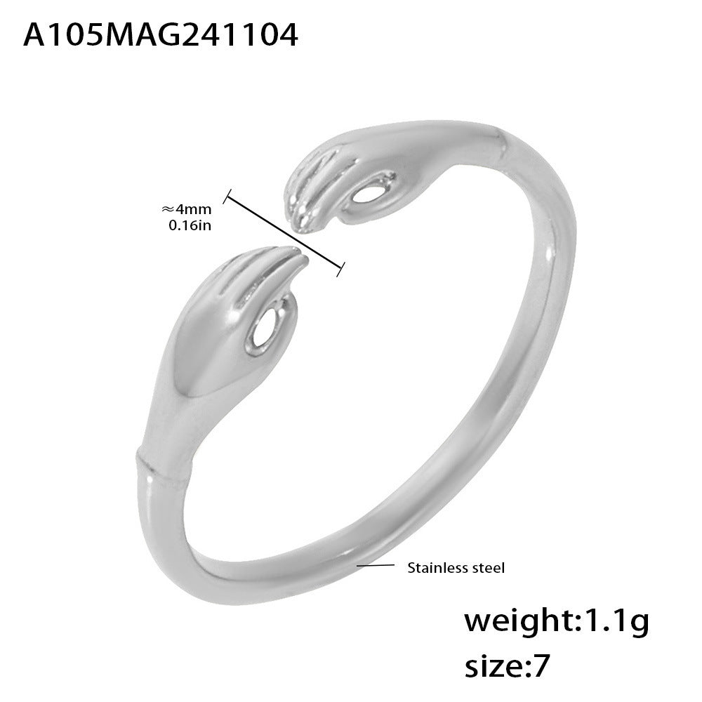 B廠【A105】歐美ins雙手溫暖擁抱不鏽鋼開口可調戒指PVD鍍真金食指戒 24.11-2