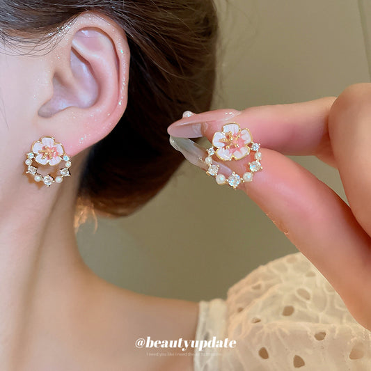 A廠 【HE26547】925銀針鋯石滴油珍珠圓花耳環法式清新甜美耳環輕奢高級感耳飾女 25.05-4