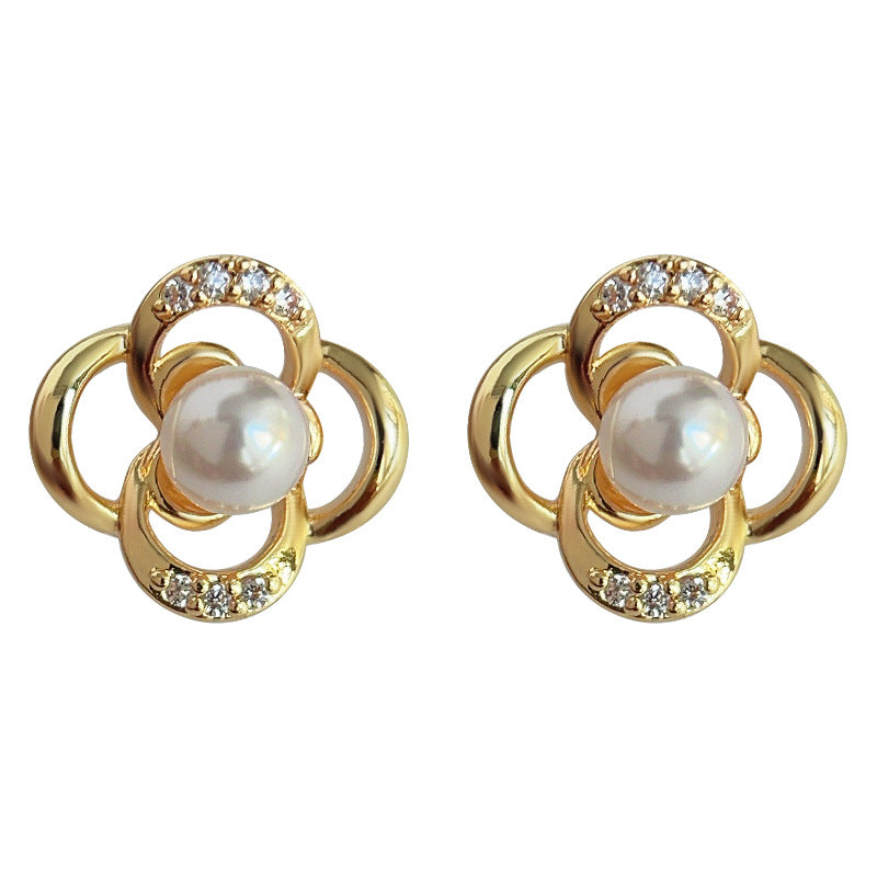 C廠【4125】微鑲鋯石簡約輕奢風珍珠小花鍍14K銀針小耳環優雅通勤耳飾女 24.05-4