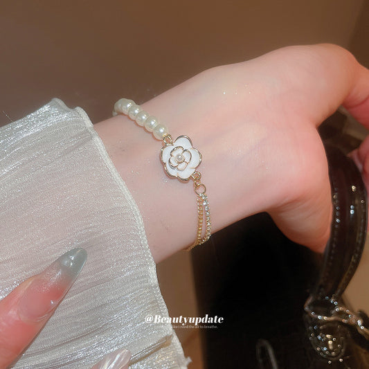 A廠【HB4026】鑲鑽滴油珍珠花朵吊墜手鍊女新款閨蜜禮物百搭手環輕奢高級感手飾 25.06-1
