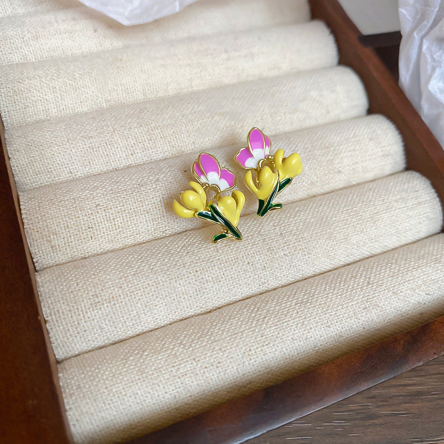 A廠【HE25404】925銀針滴油鬱金香花朵耳環女韓國復古甜美時尚耳環輕奢高級感耳飾女 25.03-3