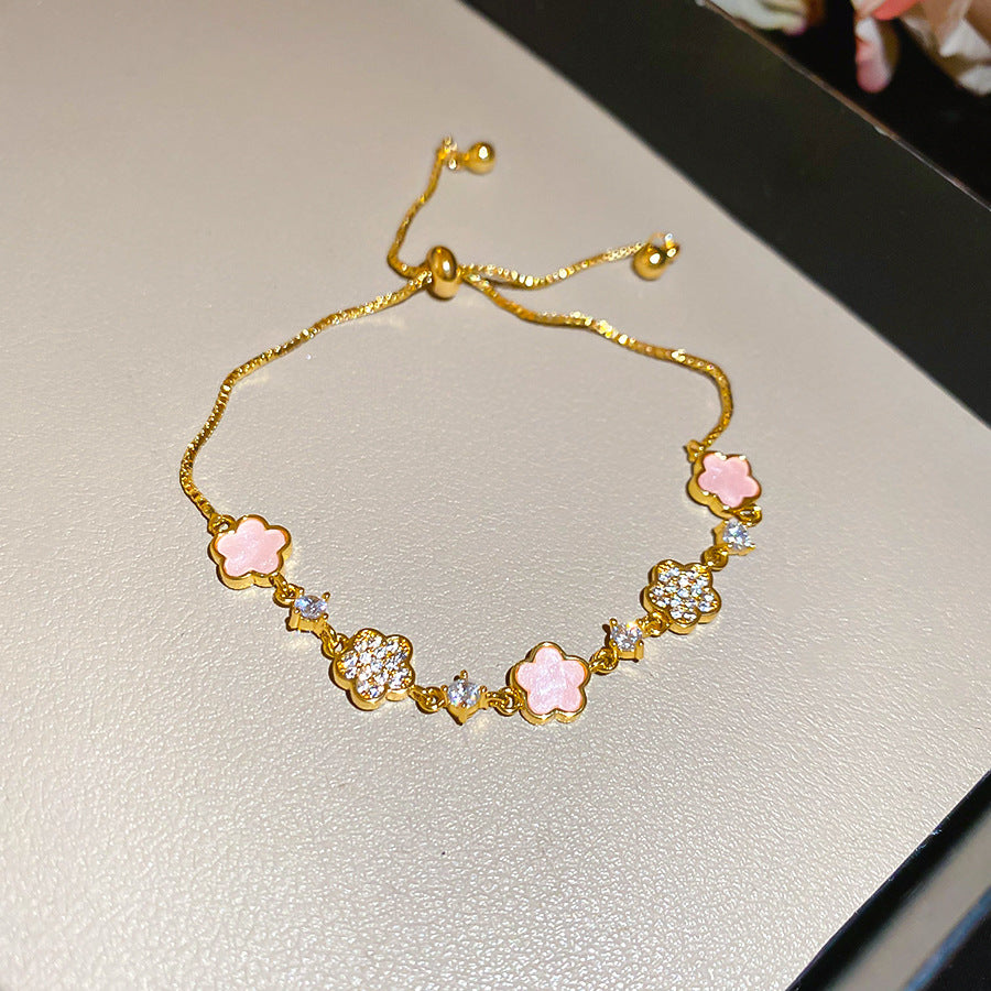 A廠【HB4399】醋酸板鋯石花朵吊墜抽拉式手鍊歐美優雅氣質手環輕奢高級感手飾女 25.08-1