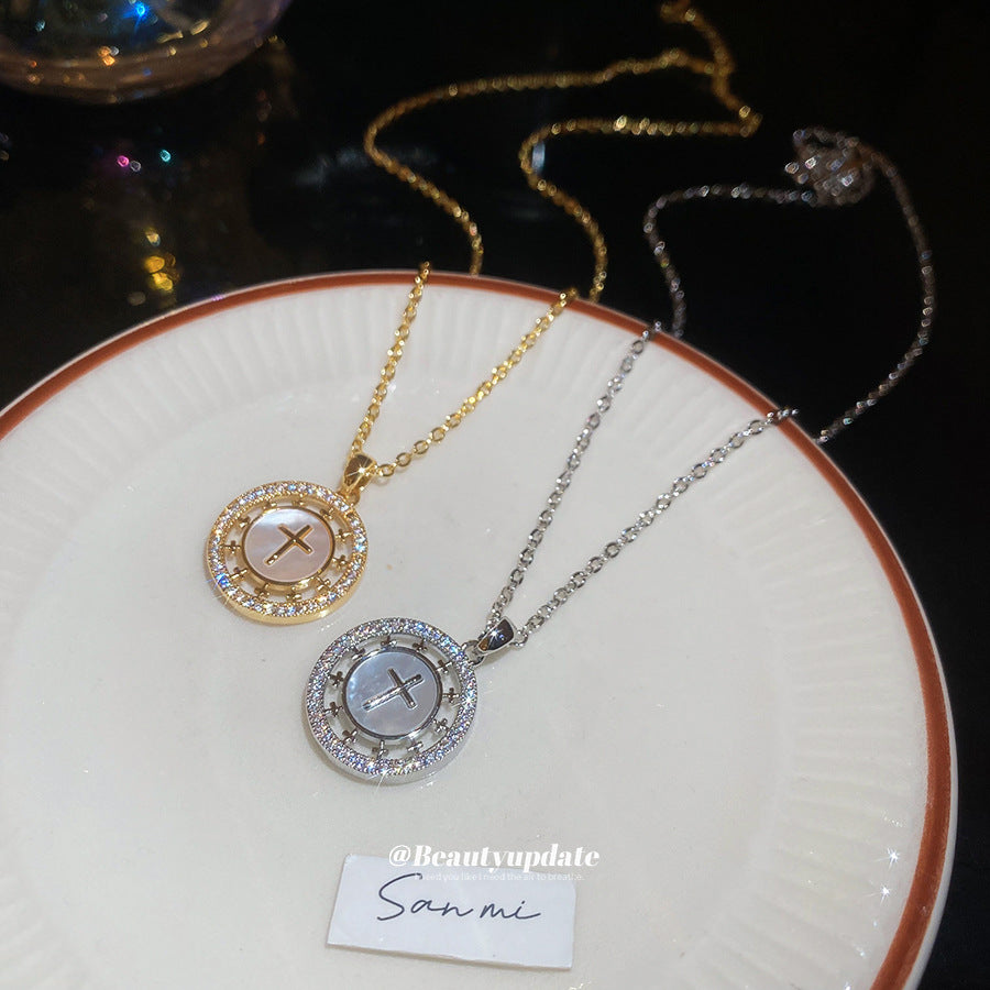 A廠【HN10433】18K真金電鍍鋯石貝母十字架項鍊韓系ins精緻優雅鎖骨鏈小眾頸鍊女
 25.10-5