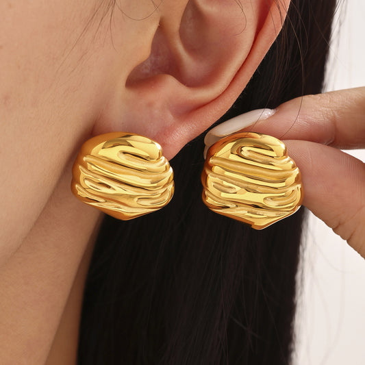 B廠【F1073】歐美小眾飾品不銹鋼幾何凹痕復古耳環不對稱設計時尚高質感 25.06-3