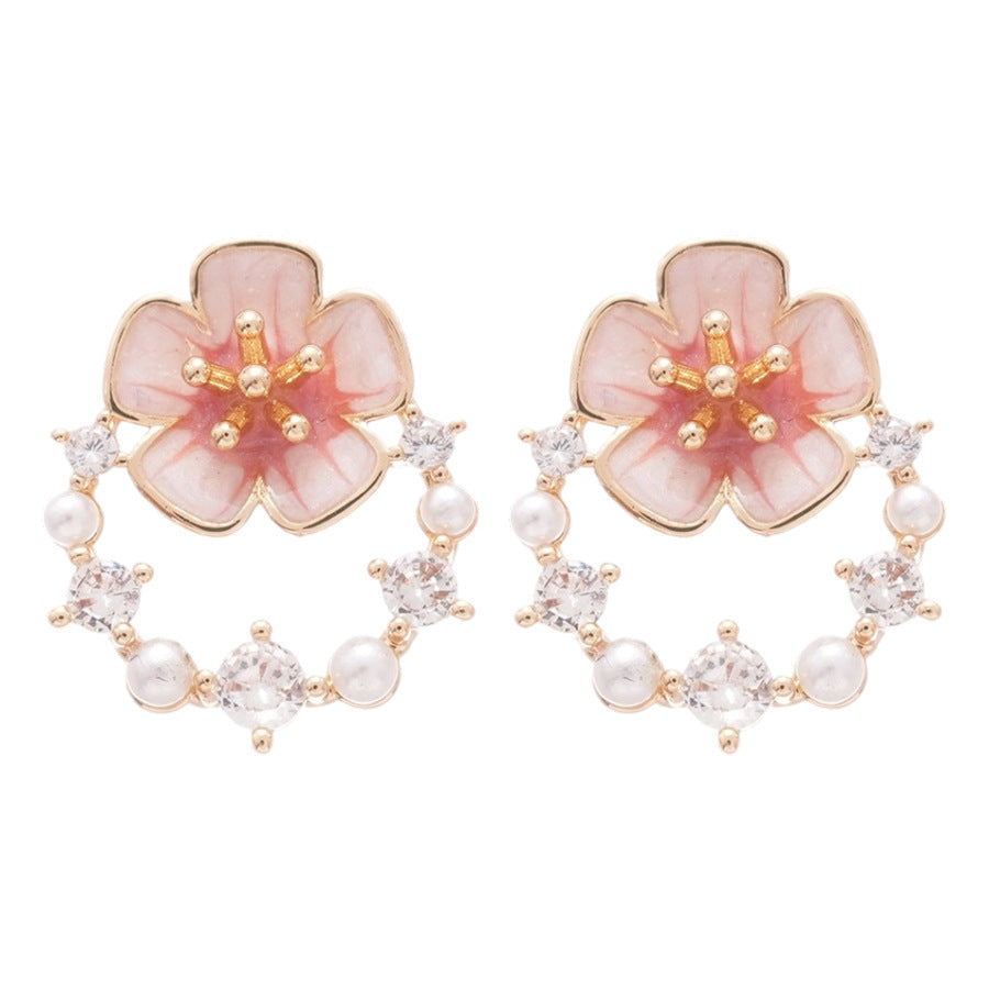 A廠 【HE26547】925銀針鋯石滴油珍珠圓花耳環法式清新甜美耳環輕奢高級感耳飾女 25.05-4