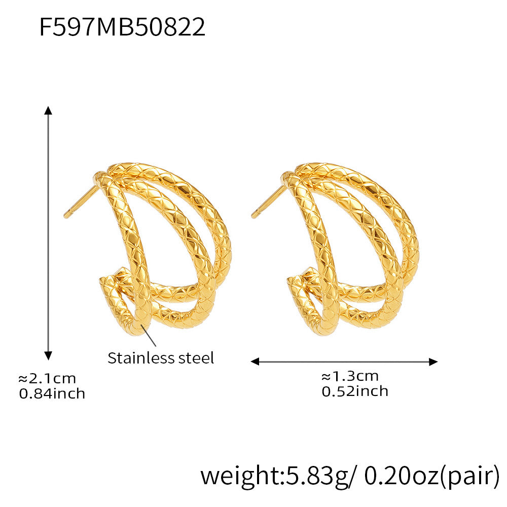B廠【F597】歐美新款小巧精緻三層紋理耳環不鏽鋼鍍18k真金耳環耳飾女 25.08-5