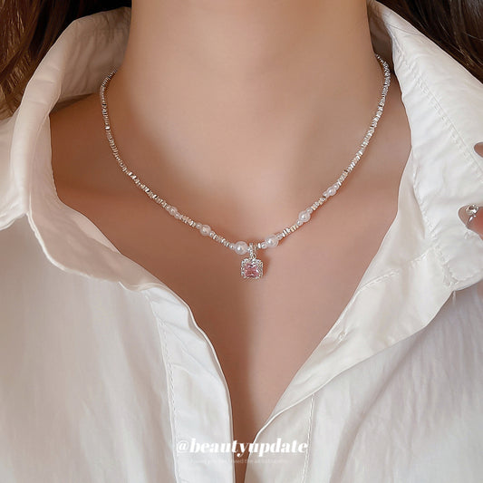 A廠【HN8517】鋯石碎銀黑膽石珍珠項鍊女精緻個性時尚氣質鎖骨鏈輕奢高級感頸鍊 25.04-4