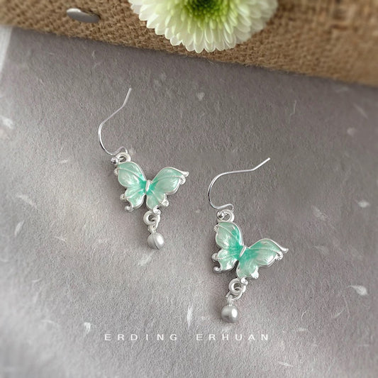 C廠【6316】夏日新款森系小清新琺瑯滴釉漸層綠色蝴蝶新款耳飾女耳環 25.06-4