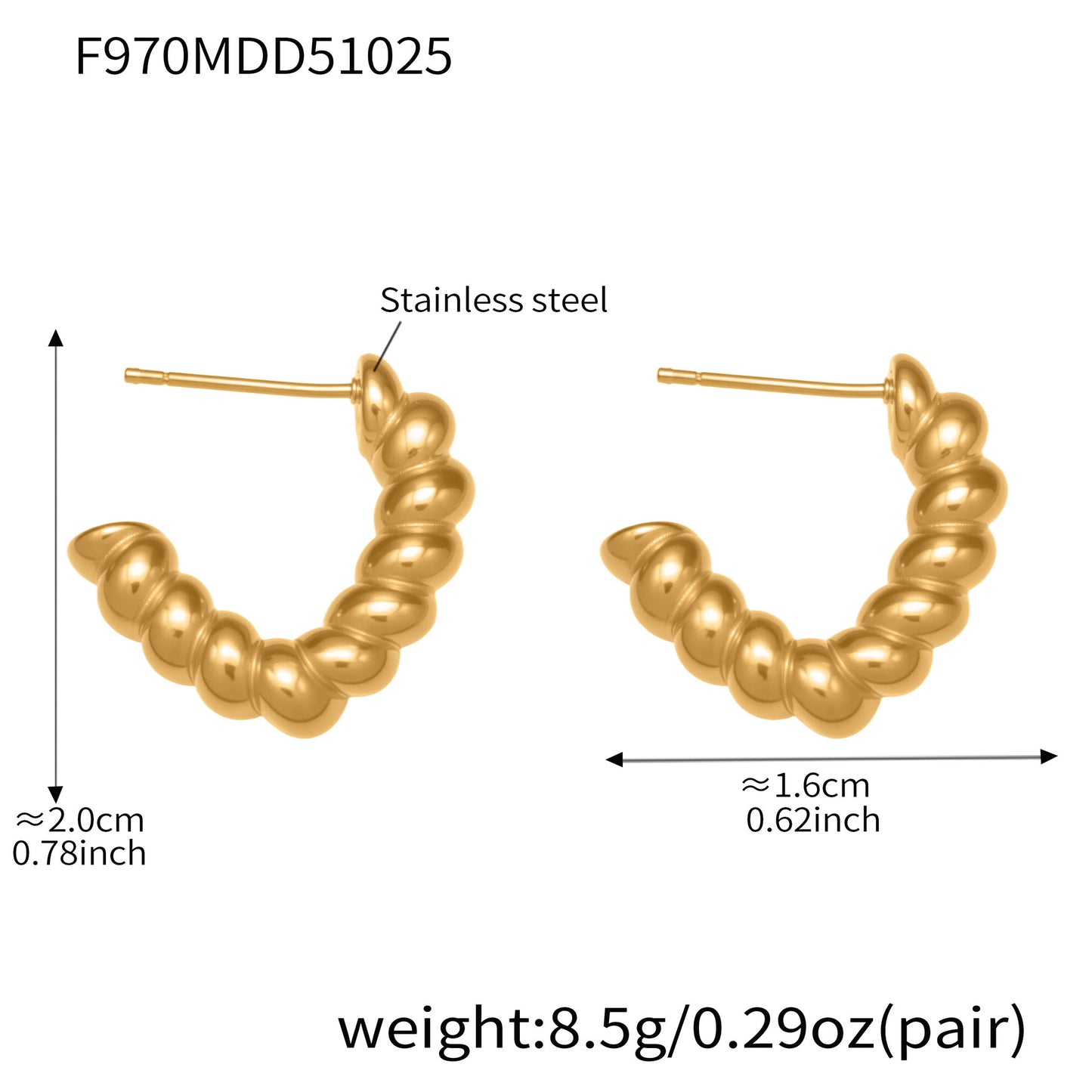 B廠【F970】不鏽鋼重工螺紋麻花形狀耳環拼色間電鍍18k金簡約新潮耳環
25.10-5