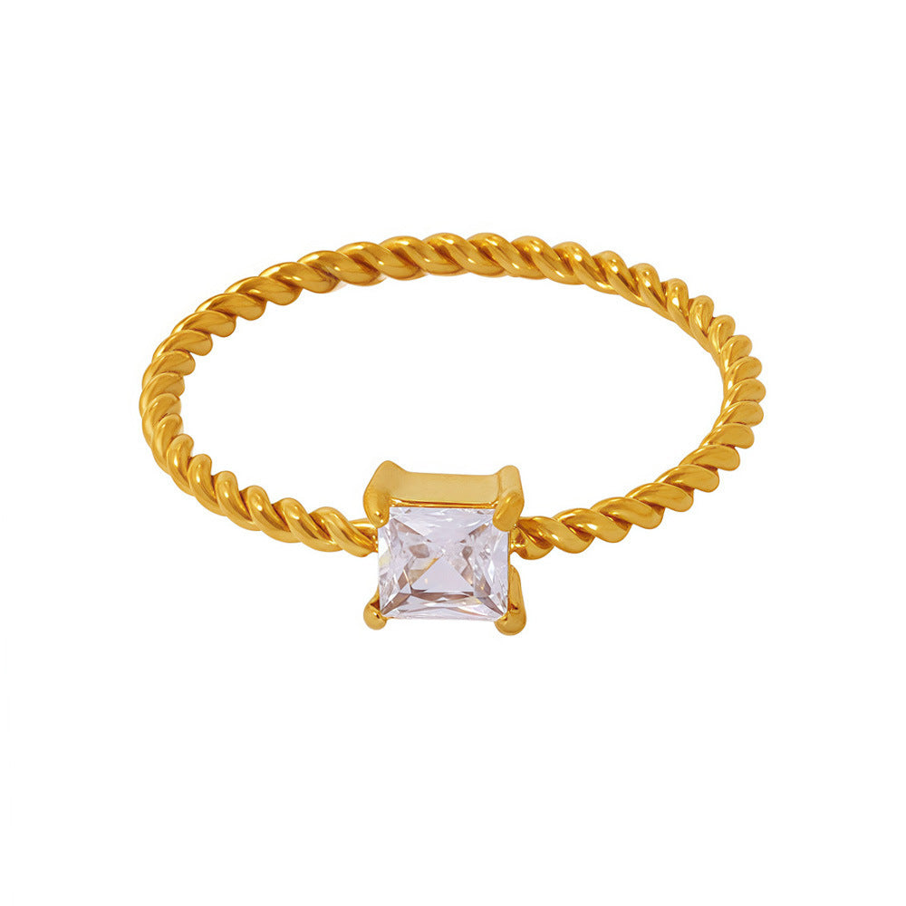 B廠【A992】ins風細麻花正方超閃鋯石戒指輕奢氣質不鏽鋼18K真金鑽戒女 25.03-3