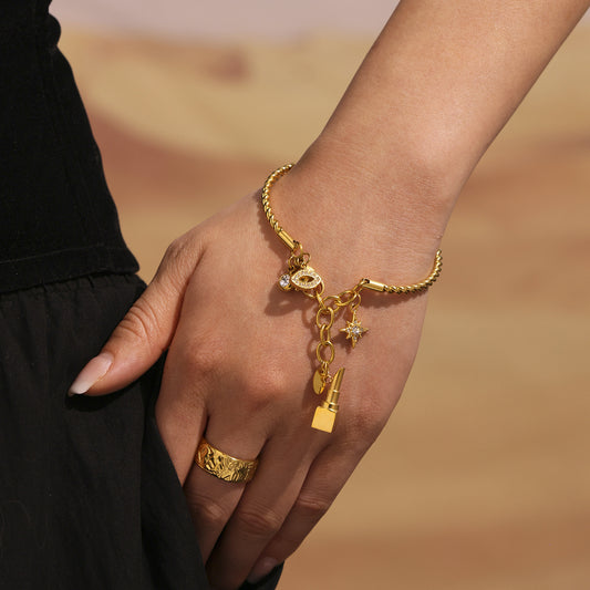 B廠【Z406】歐美不鏽鋼雙織麻花線龍蝦扣手鐲女帶鑽星芒DIY多配件手鐲 25.04-4