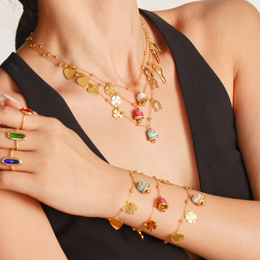 B廠【TXP287】法式浪漫彩釉小鈴鐺愛心幸運草多配件吊墜項鍊手鍊腳鍊套裝 25.06-4