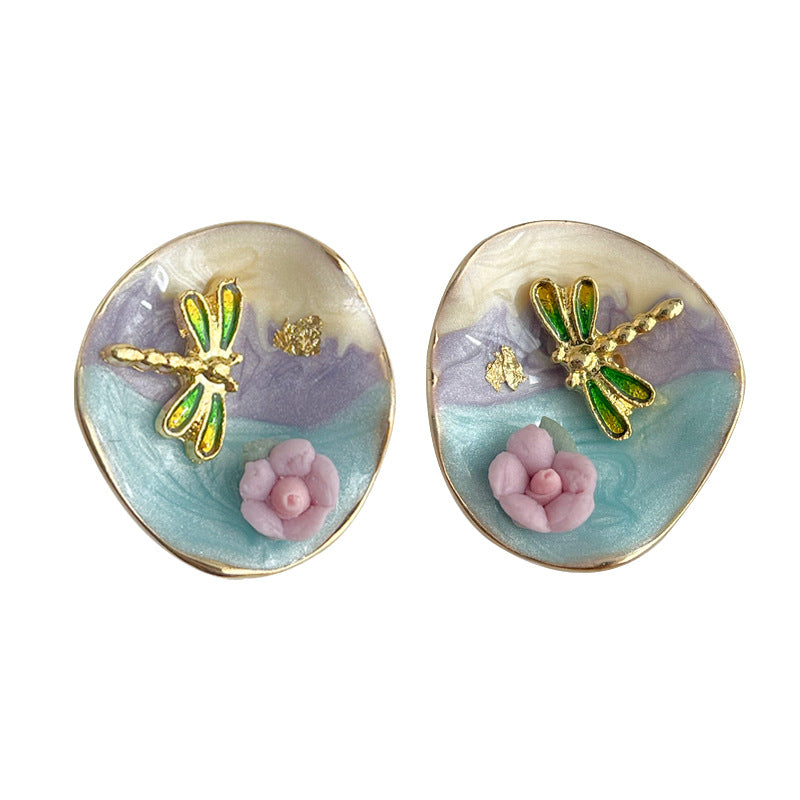 C廠【4427】美人甜美油畫質感琺瑯滴釉質感漸變色蜻蜓鍍14K耳飾耳環耳環 24.06-4