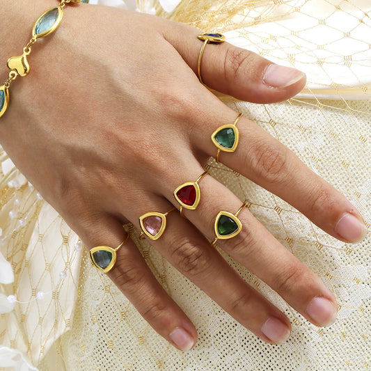 B廠【TXA265】不銹鋼三角形開口戒指進口捷克切面超閃玻璃戒指鍍18k真金 25.06-3