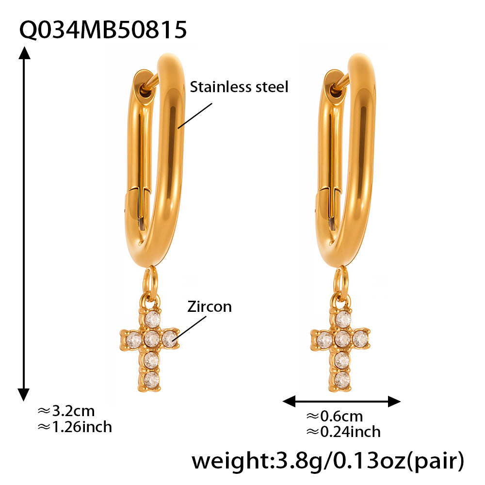 B廠【Q015】不鏽鋼超閃5A鋯石十字架耳環跨國簡約輕奢風耳環鍍18k真金 25.08-5