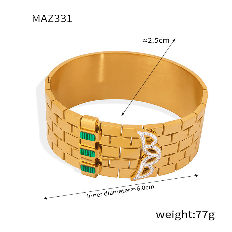 B廠【Z331】韓版時尚個性手錶鍊手環女復古鈦鋼面具鑲鑽不掉色金色手鐲飾品 24.03-1