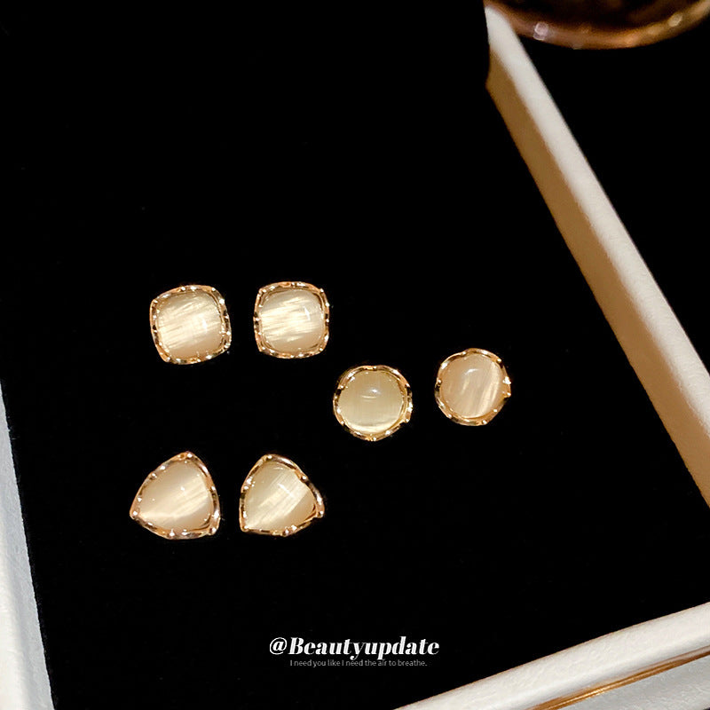 A廠【HE24774】925銀針幾何三角方形圓形貓眼耳環跨國韓系耳環女簡約耳飾輕奢高級感 25.01-4