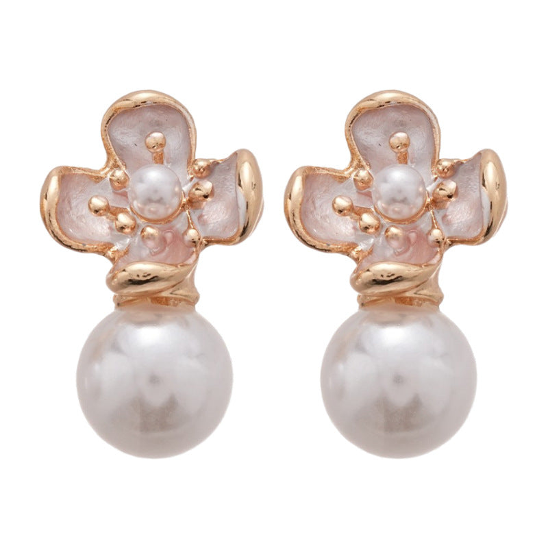 A廠【HE25219】925銀針噴漆花朵珍珠耳環女法式優雅氣質耳環時尚輕奢耳飾小眾高級感 25.03-2